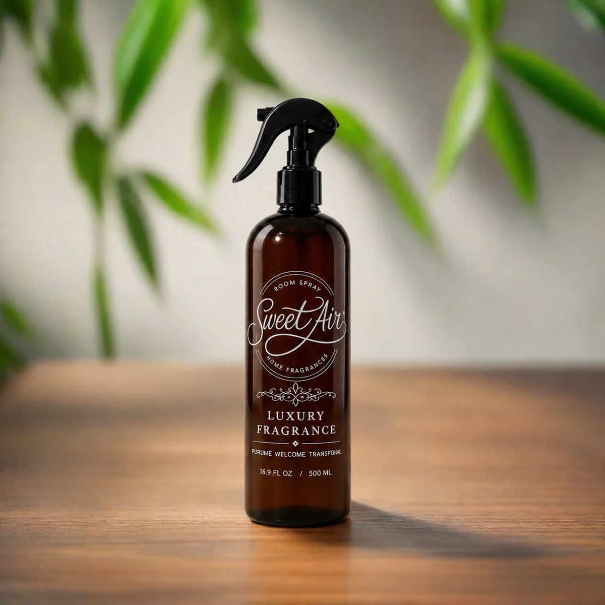 Filled Home Spray 16 oz / 500 ml bottle with green leaves on a light cream background