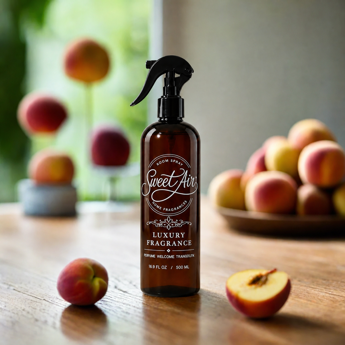Filled Home Spray 16 oz / 500 ml bottle with peach accents on a light cream background