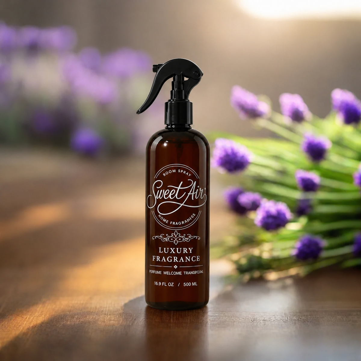 Filled Home Spray 16 oz / 500 ml bottle with purple flowers on a light cream background
