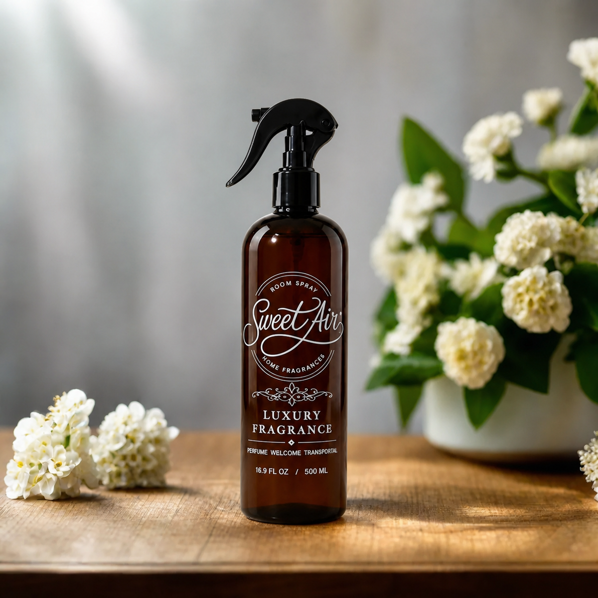 Filled Home Spray 16 oz / 500 ml bottle beside white flowers in a vase