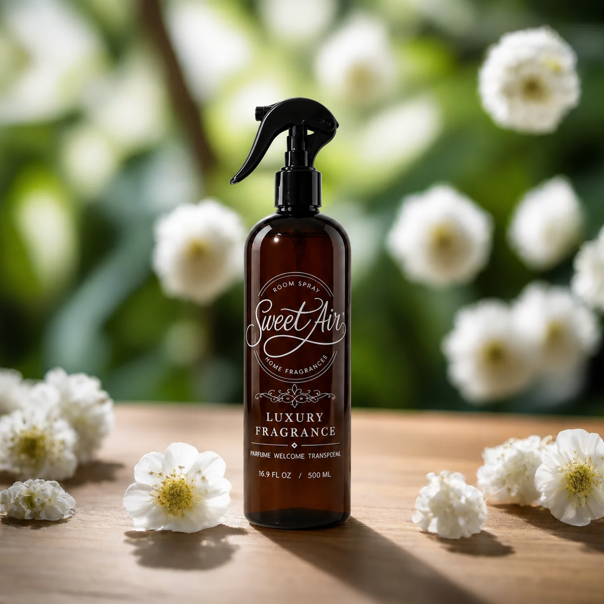 Filled Home Spray 16 oz / 500 ml bottle in a white flower garden setting