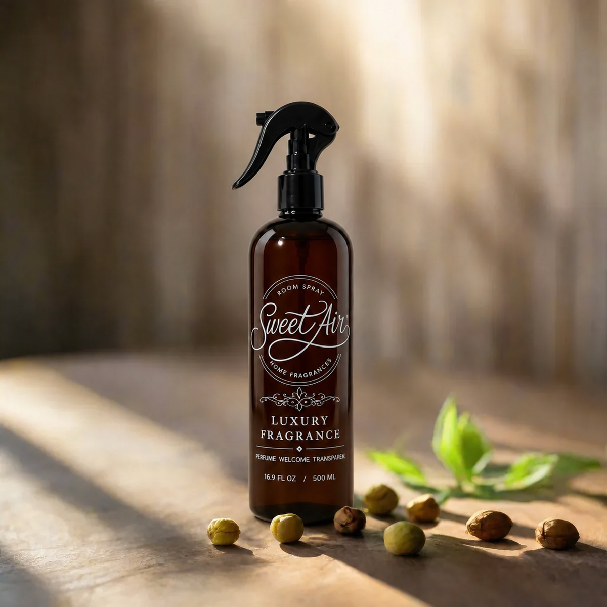 Filled Home Spray 16 oz / 500 ml bottle with nuts in warm sunlight