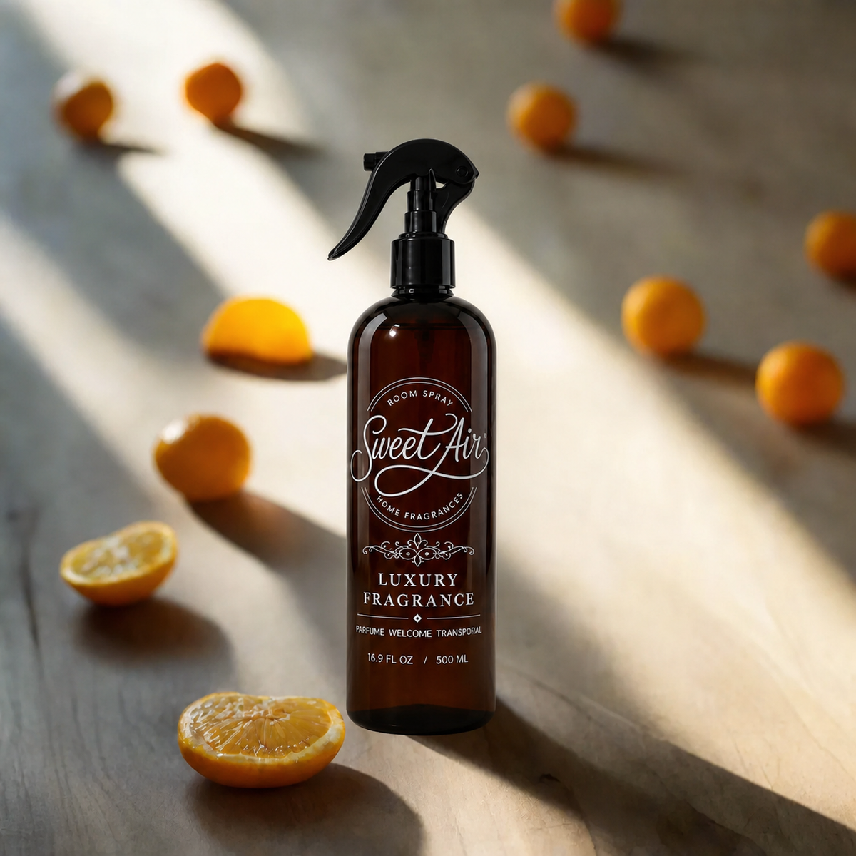 Filled Home Spray 16 oz / 500 ml bottle with orange accents in warm sunlight