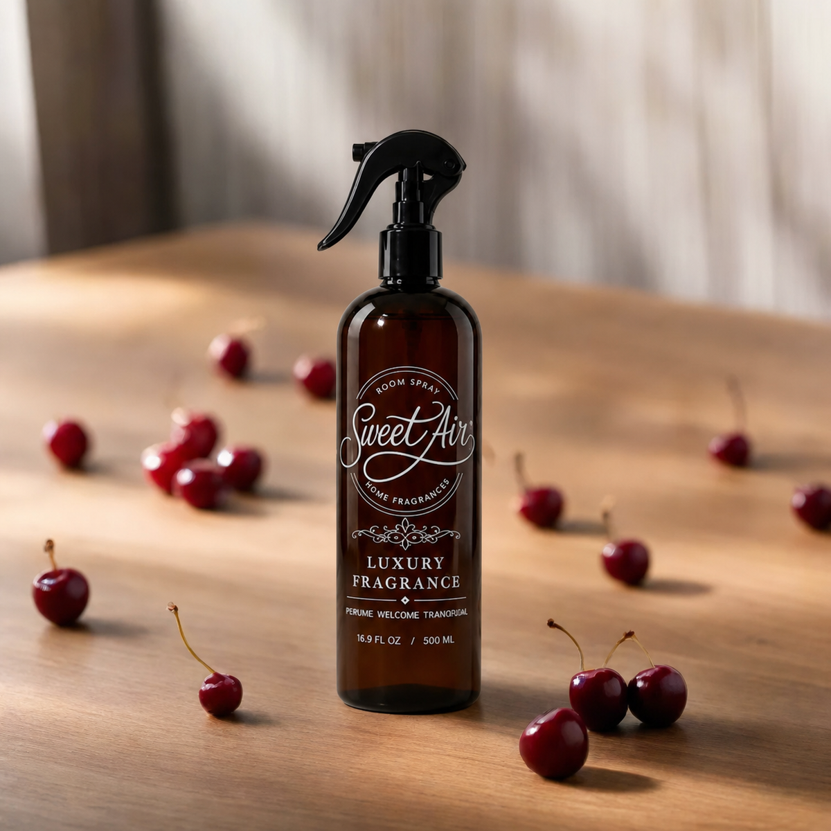Filled Home Spray 16 oz / 500 ml bottle with cherries on a light background