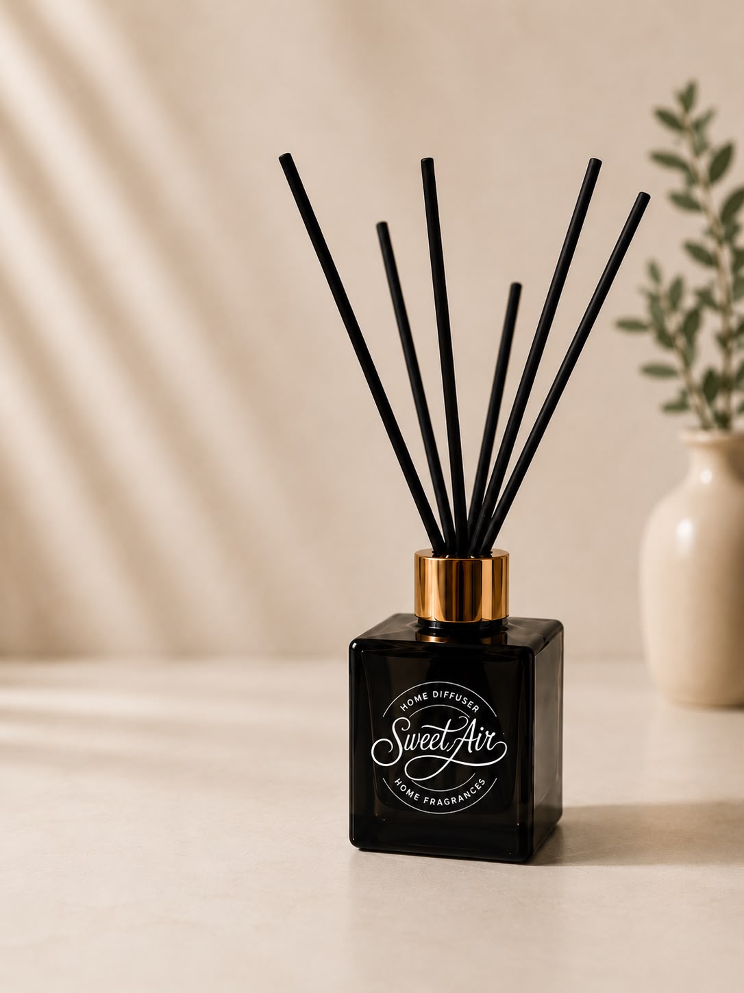 Single Sweet Air Reed Diffuser bottle with black reeds on a neutral background